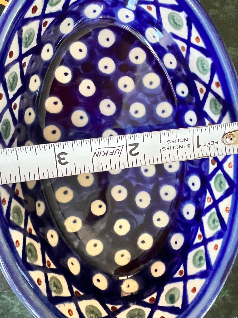Polish Hand-Painted Oval Ceramic Bowl in Cobalt Blue and Cream - Picture 5 of 7